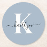 Elegant Dusty Blue Script Monogram Underlägg Papper Rund<br><div class="desc">Dessa enkla, dammiga, blå, eleganterna, pappra underlägg med det första namn i ett trendig-skript i svart och det första i ett modernt teckensnitt i vitt är perfekt för att hålla bord och räknare fria från vatten ringar. De absorberar droppar så att du inte behöver oroa dig när du roar dig...</div>