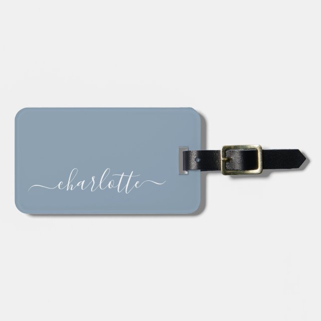 Elegant Dusty Blue Script Namn Personlig    Bagagebricka (Horisontell Framsida)