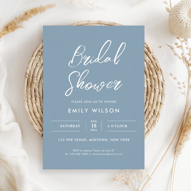 Elegant Dusty Blue Script Typography Bridal Shower Inbjudningar (Elegant white calligraphy on a dusty blue background for a simple, minimal style)