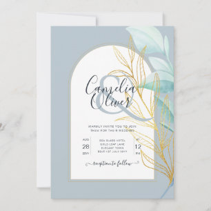 Elegant Dusty Blue SeaGlass Guld Löv Arch Bröllop Inbjudningar
