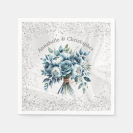 Elegant Dusty Blue Silver Bouquet Bröllop Pappersservett