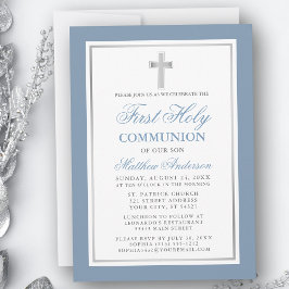 Elegant Dusty Blue Silver First Heliga Communion Inbjudningar