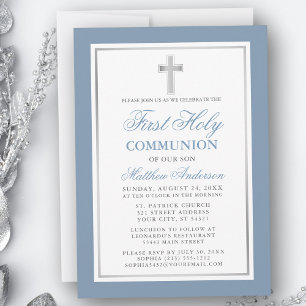 Elegant Dusty Blue Silver First Heliga Communion Inbjudningar