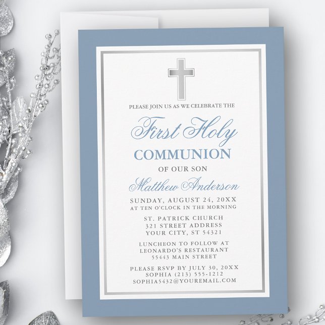 Elegant Dusty Blue Silver First Heliga Communion Inbjudningar (Customize to change text size, color or text style.)