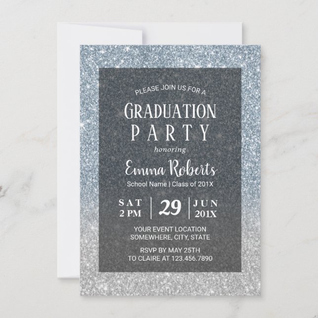 Elegant Dusty Blue & Silver Glitter Studenten Inbjudningar (Framsida)