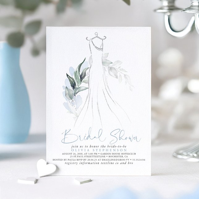 Elegant Dusty Blue Silver Greenery Möhippa Inbjudningar (Dusty Blue Greenery and Silver Dress Bridal Shower Invitation)