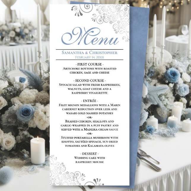 Elegant Dusty Blue Silver Swirls on White Bröllop Meny (Front/Back)