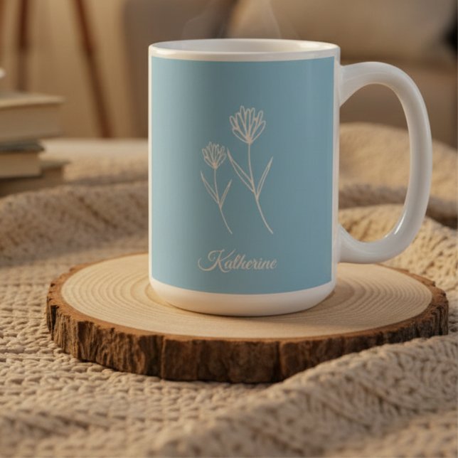 Elegant Dusty Blue Simple Flower  Kaffemugg (Skapare uppladdad)