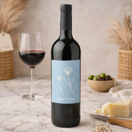 Elegant Dusty Blue Simple Flower  Vinflaska Etikett