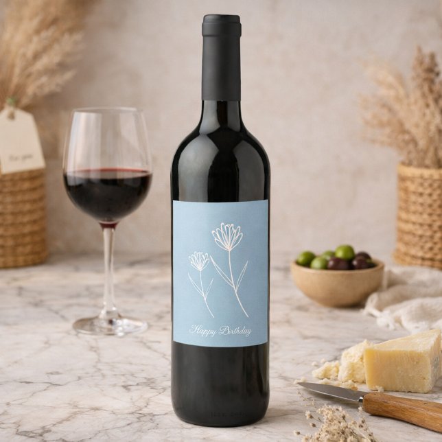 Elegant Dusty Blue Simple Flower  Vinflaska Etikett (Skapare uppladdad)