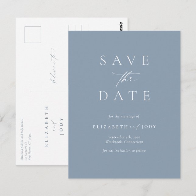 Elegant Dusty Blue Simple Save The Date Vykort (Fram/baksida)