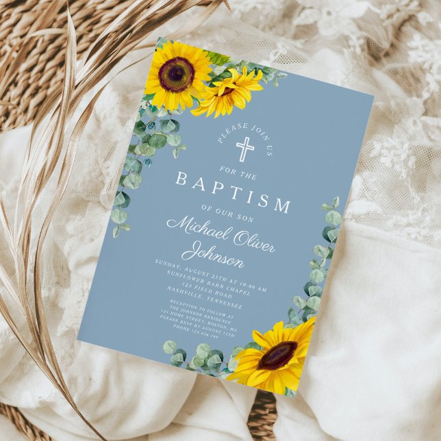 Elegant Dusty Blue Solros Kor Baptism Inbjudningar (Elegant Dusty Blue Sunflower Cross Baptism Invitation)
