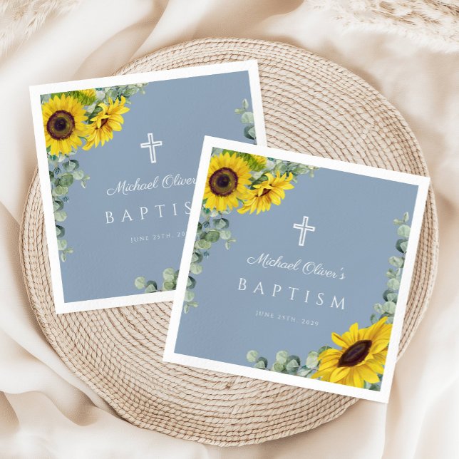 Elegant Dusty Blue Solros Religiösa Baptism Pappersservett (Elegant Dusty Blue Sunflower Religious Baptism Napkins)