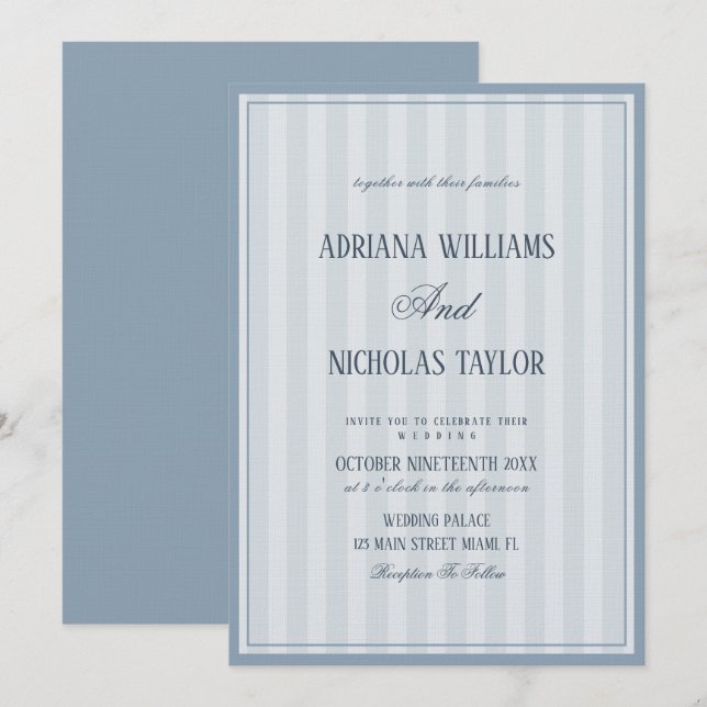 Elegant Dusty Blue Striped Wedding Inbjudningar (Fram/baksida)