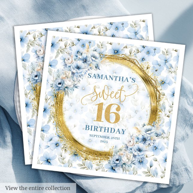 Elegant Dusty Blue Sweet sixteen Guld Glitter Pappersservett (Elegant Dusty Blue Sweet Sixteen Gold Glitter Napkins)