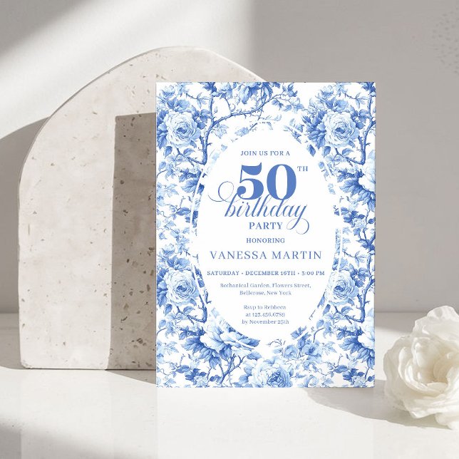 Elegant Dusty Blue Toile de Jouy 50th Birthday  Inbjudningar (Elegant Dusty Blue Toile de Jouy 50th Birthday Invite)