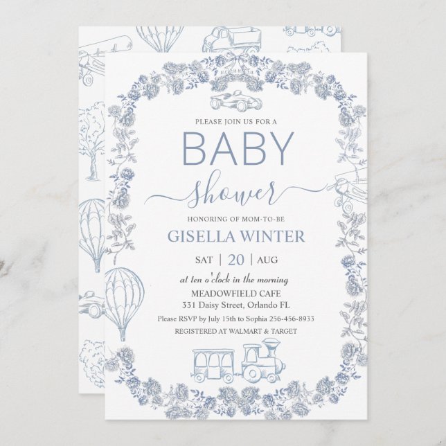 Elegant Dusty Blue Toile Floral Boy Baby Shower  Inbjudningar (Fram/baksida)