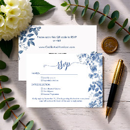 Elegant Dusty Blue Toile Floral  QR Code Wedding OSA Kort