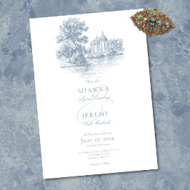 Elegant Dusty Blue Toile French Manor Wedding Inbjudningar