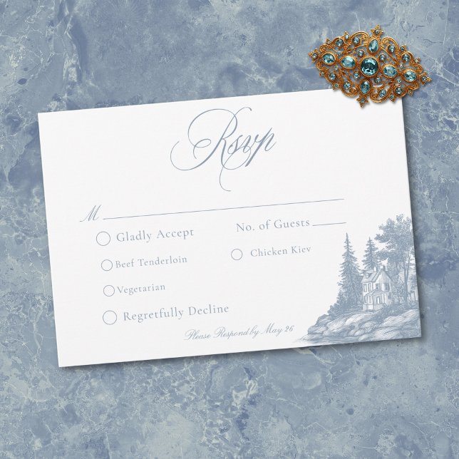 Elegant Dusty Blue Toile French Manor Wedding OSA Kort (Elegant Dusty Blue Toile French Manor Wedding RSVP Card)