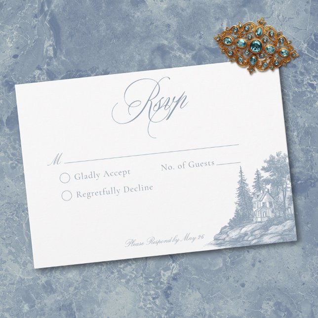 Elegant Dusty Blue Toile French Manor Wedding OSA Kort (Elegant Dusty Blue Toile French Manor Wedding QR RSVP Card)