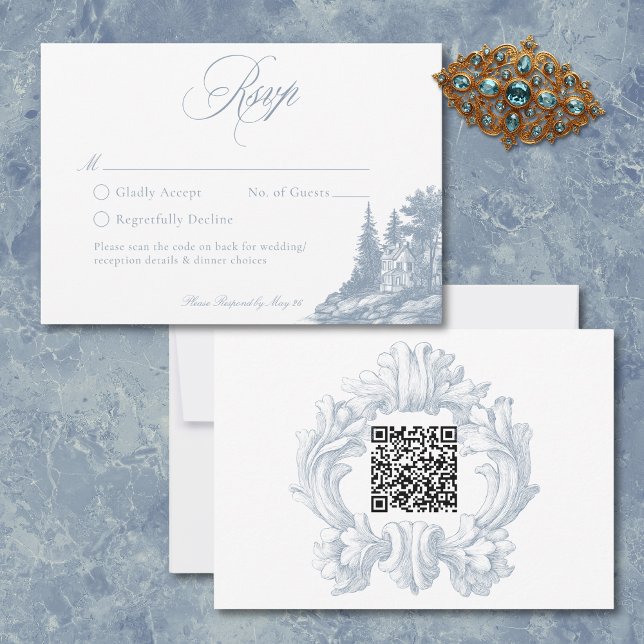 Elegant Dusty Blue Toile French Manor Wedding QR OSA Kort (Elegant Dusty Blue Toile French Manor Wedding QR RSVP Card)