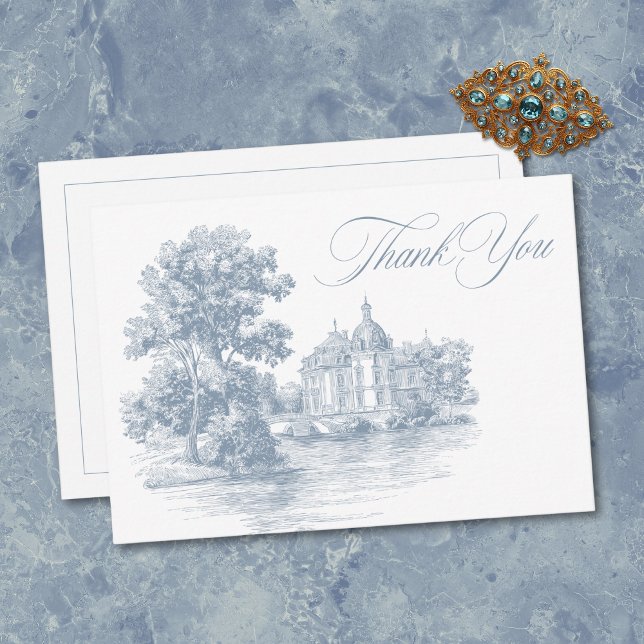 Elegant Dusty Blue Toile French Manor Wedding Tack Kort (Elegant Dusty Blue Toile French Manor Wedding Thank You Card)