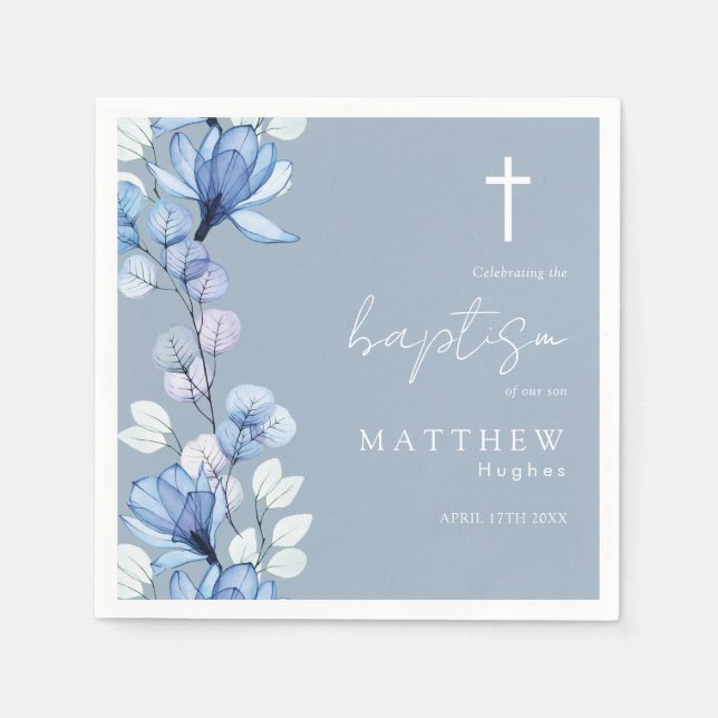 Elegant Dusty Blue Transparent Blommigt Baptism Pappersservett (Framsidan)
