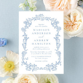 Elegant Dusty Blue Victorian Floral Frame Wedding Inbjudningar