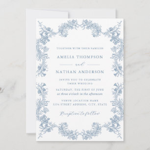 Elegant Dusty Blue Vintage Blommigt Bröllop Inbjudningar