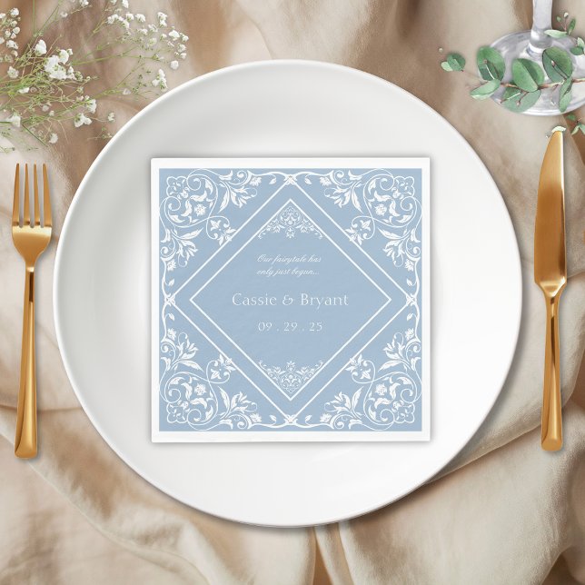 Elegant Dusty Blue Vintage Chic Bröllop Pappersservett (elegant blue and white vintage chinoserie regency era fairytale wedding napkins for table setting)