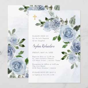Elegant Dusty Blue Watercolor Blommigt Baptism Inv Inbjudningar