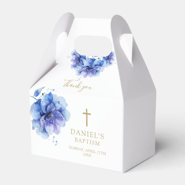 Elegant Dusty Blue Watercolor Blommigt Baptism Presentaskar (Framsidan Sidan)