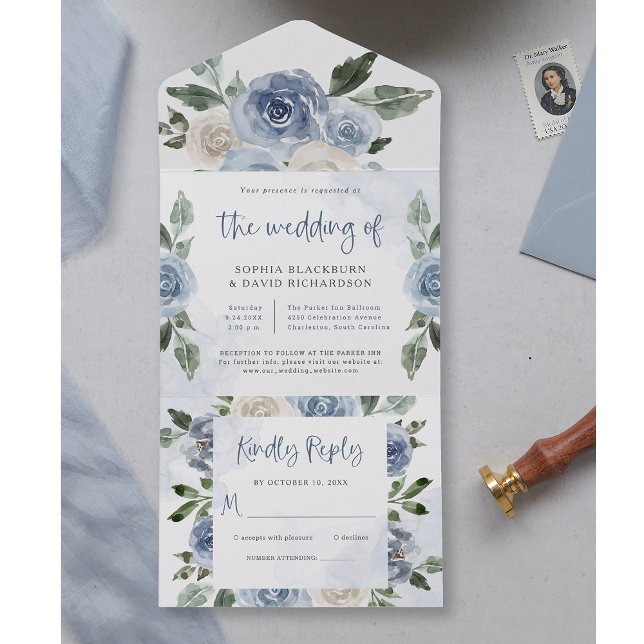 Elegant Dusty Blue Watercolor Blommigt Bröllop (Skapare uppladdad)
