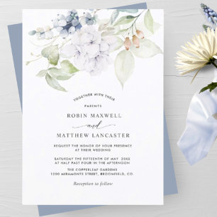 Elegant Dusty Blue Watercolor Blommigt Bröllop Inbjudningar