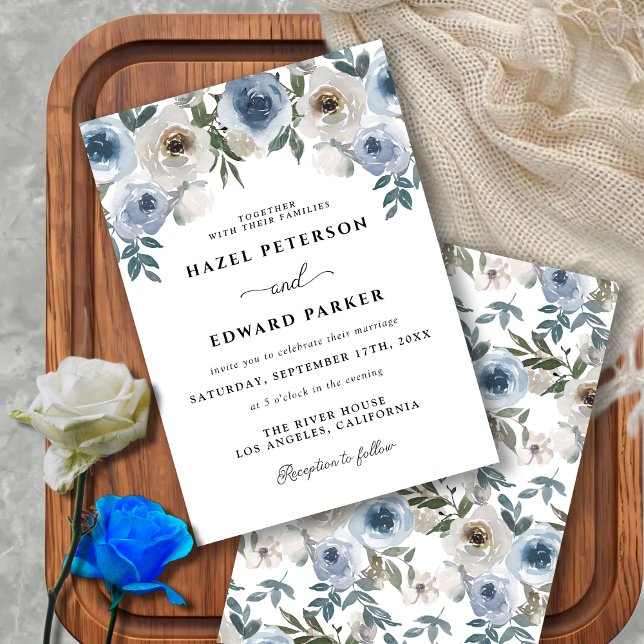 Elegant Dusty Blue Watercolor Blommigt Bröllop Inbjudningar (Elegant Dusty Blue Watercolor Floral Wedding Invitation)