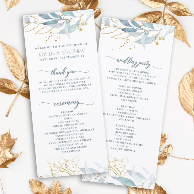 Elegant Dusty Blue Watercolor Blommigt Guld Bröllo (Elegant dusty blue greenery with gold accent makes this the perfect program for your boho wedding)