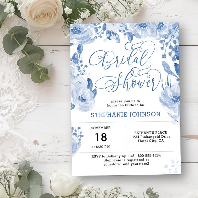 Elegant Dusty Blue Watercolor Blommigt Möhippa Inbjudningar (Bridal Shower Invitation from my Dusty Blue Watercolor Floral Bridal Shower)