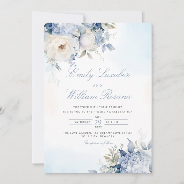 Elegant Dusty Blue Watercolor Boho Blommigt Bröllo Inbjudningar (Framsida)