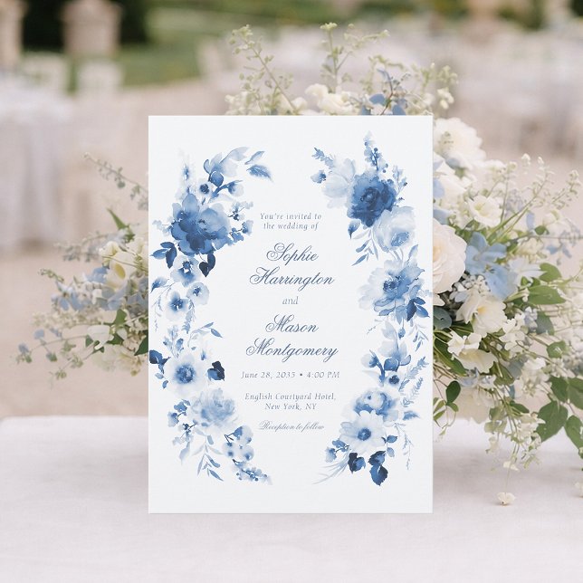 Elegant Dusty Blue Watercolor Floral Wedding Inbjudningar (Skapare uppladdad)