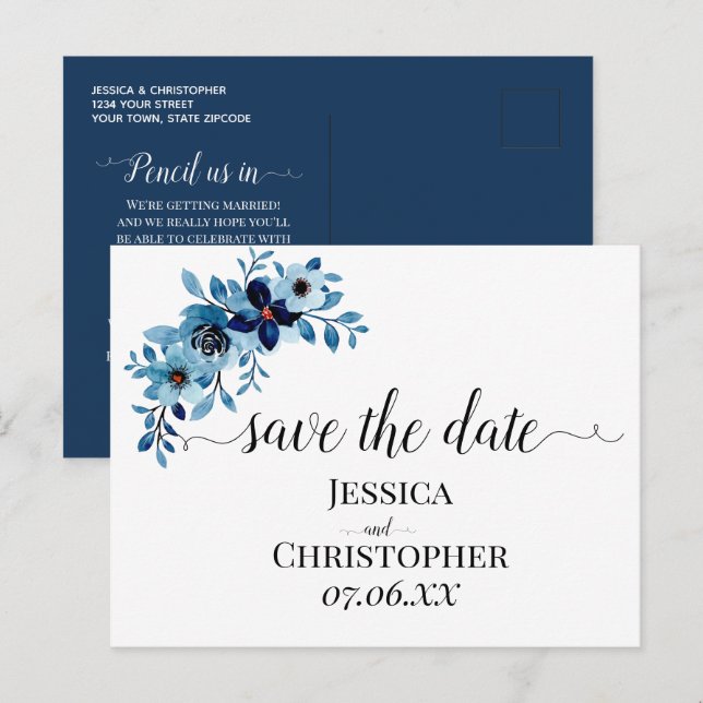 elegant dusty Blue watercolor flower bouquet Meddelande Vykort (Fram/baksida)