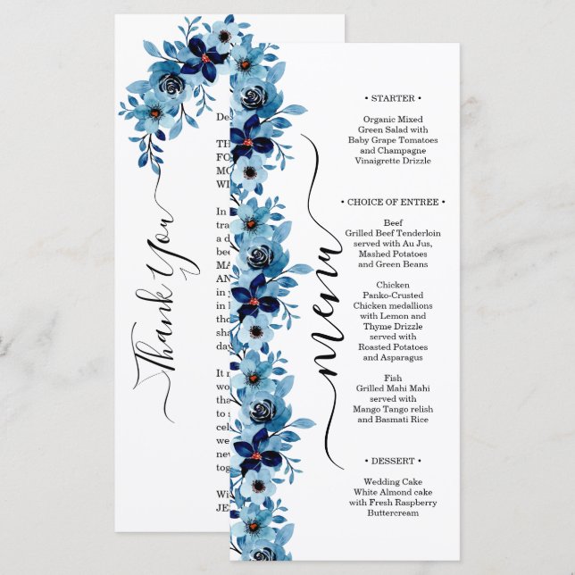 elegant dusty Blue watercolor flower bouquet Meny (Fram/baksida)