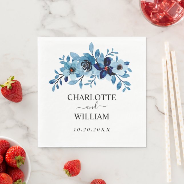 elegant dusty Blue watercolor flower bouquet Pappersservett (Insitu)