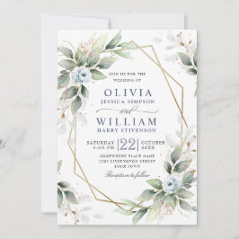 Elegant Dusty Blue Watercolor Greenery Bröllop Inbjudningar