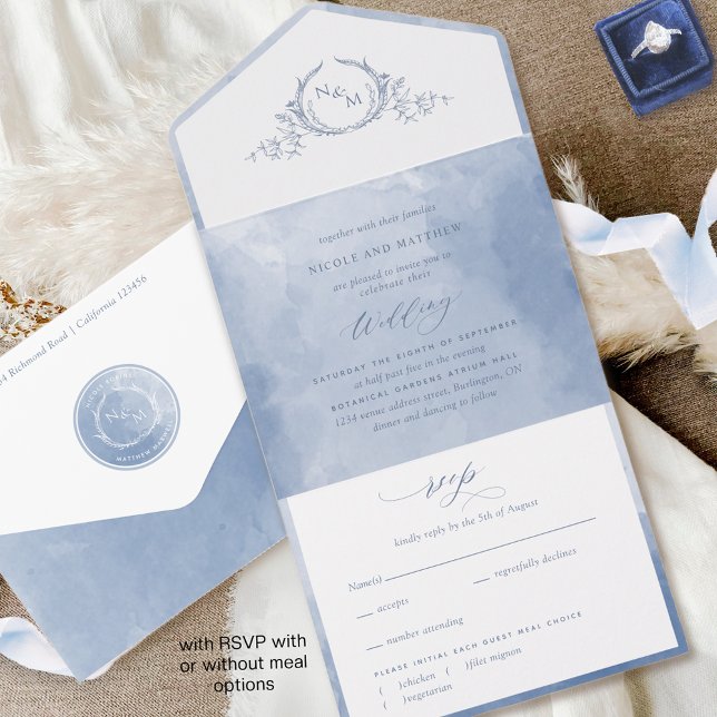 Elegant Dusty Blue Watercolor Monogram Bröllop all (Skapare uppladdad)