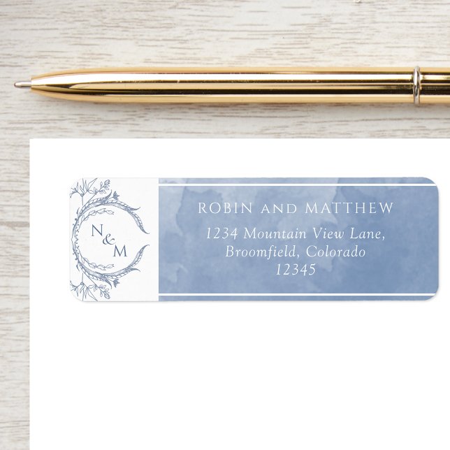 Elegant Dusty Blue Watercolor, Monogram Bröllop L Returadress Etikett (Skapare uppladdad)