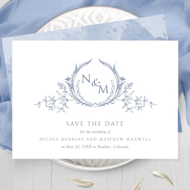 Elegant Dusty Blue Watercolor Monogram Spara Datumet (Skapare uppladdad)