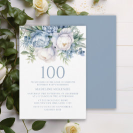 Elegant Dusty Blue White Blommigt 100 födelsedagar Inbjudningar