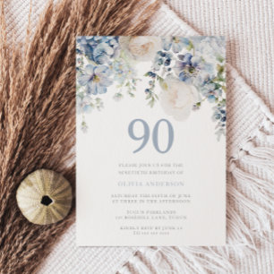 Elegant Dusty Blue & White Blommigt 90:e födelseda Inbjudningar