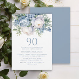 Elegant Dusty Blue White Blommigt 90:e födelsedag Inbjudningar